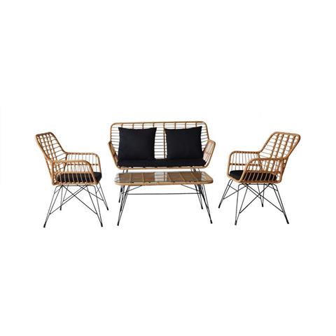 SALSA MAX Living Set Κήπου 4 τεμαχίων, Μέταλλο Βαφή Μαύρο, Wicker Φυσικό, Μαξιλάρια Μαύρο