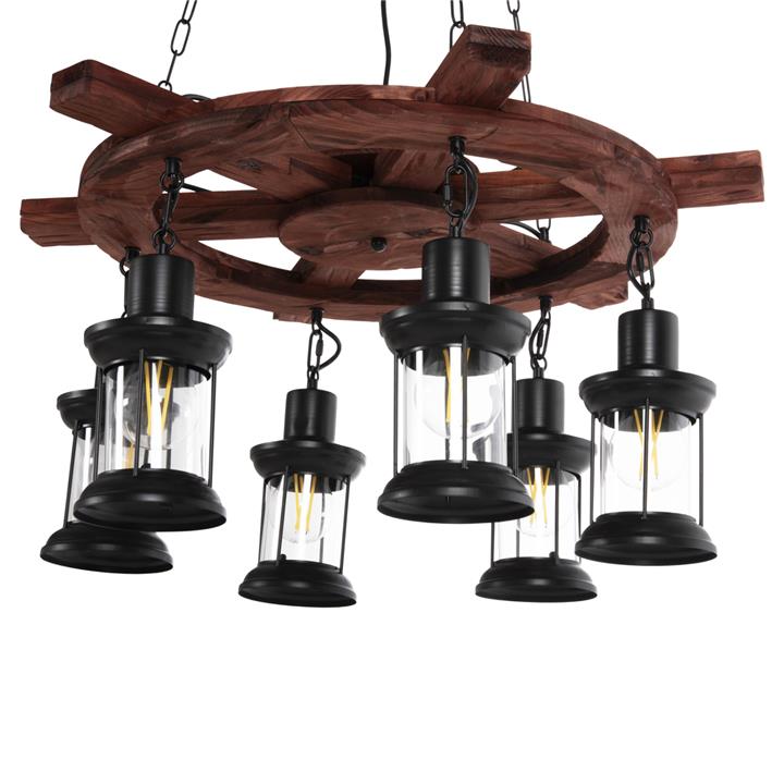 CEILING PENDANT 6-LIGHT HM4116 WOOD-METAL-GLASS 119H cm.