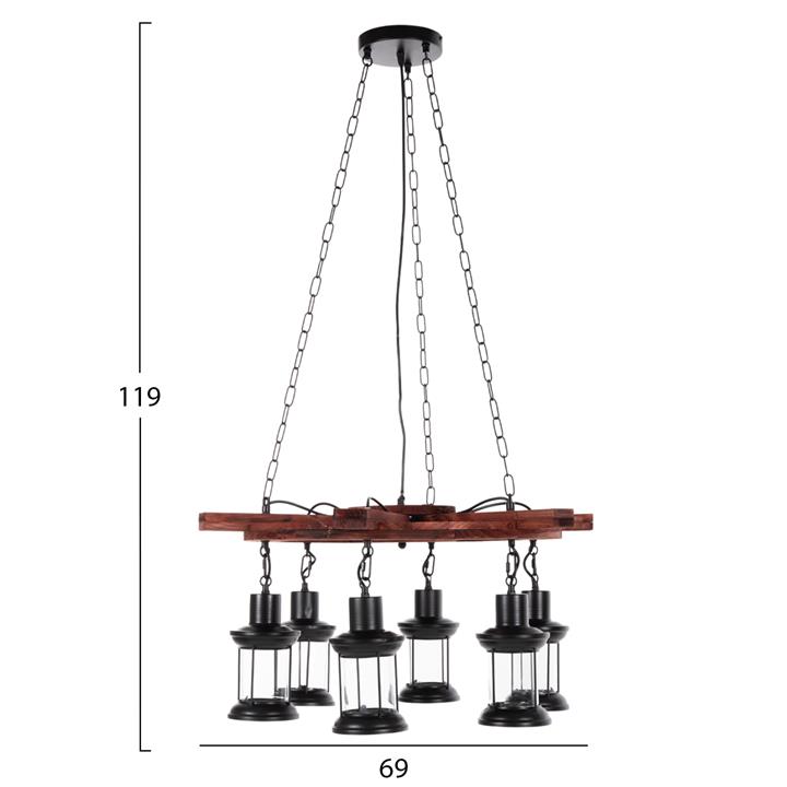 CEILING PENDANT 6-LIGHT HM4116 WOOD-METAL-GLASS 119H cm.