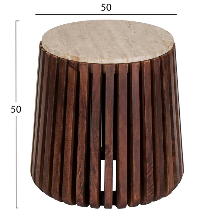 SIDE TABLE KREST HM9711 ACACIA WOOD IN LIGHT BROWN-WHITE TRAVERTINE Φ50x50Hcm.