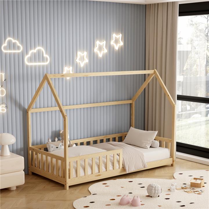 BED FOR KIDS WITH FENCE PHYLLIS HM679.01 t.MONTESSORI SOLID PINE WOOD IN NATURAL- 190x90cm.