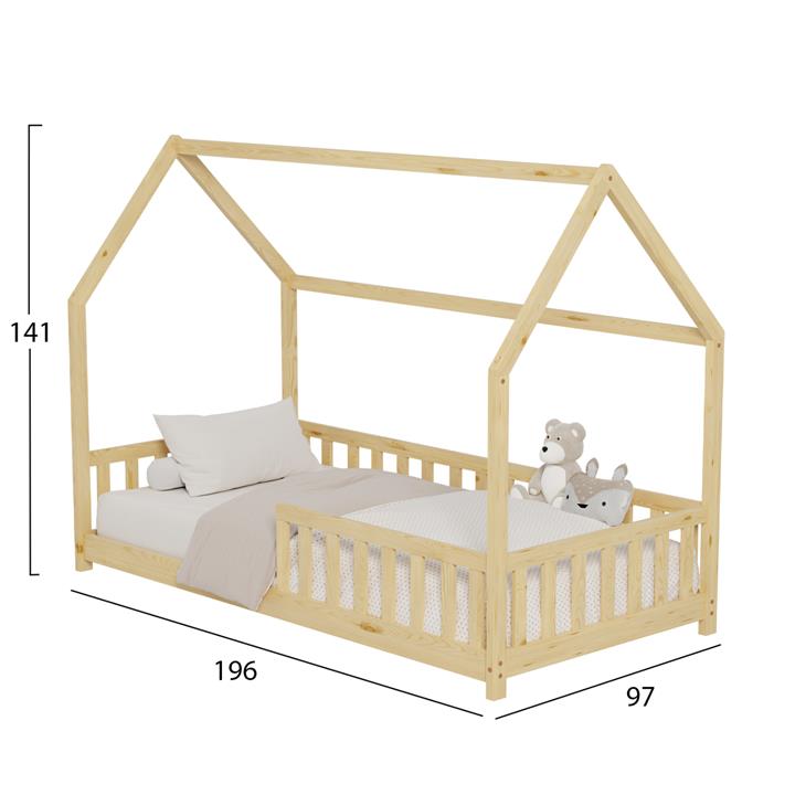 BED FOR KIDS WITH FENCE PHYLLIS HM679.01 t.MONTESSORI SOLID PINE WOOD IN NATURAL- 190x90cm.