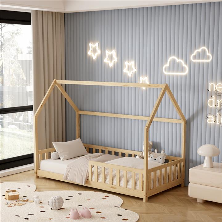 BED FOR KIDS WITH FENCE PHYLLIS HM679.01 t.MONTESSORI SOLID PINE WOOD IN NATURAL- 190x90cm.