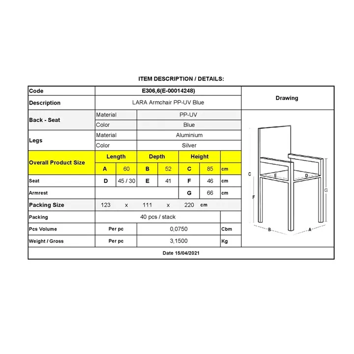 LARA Πολυθρόνα Pro Dining Στοιβαζόμενη, ALU Silver, PP - UV Protection Απόχρωση Μπλε