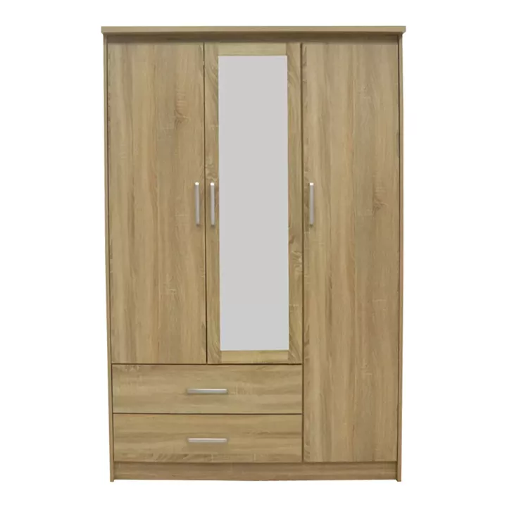 Wardrobe Olympus pakoworld with 3 doors and drawers+mirror in light oak colour 120x57x183