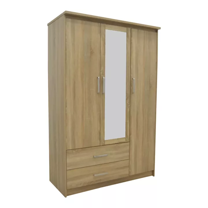 Wardrobe Olympus pakoworld with 3 doors and drawers+mirror in light oak colour 120x57x183